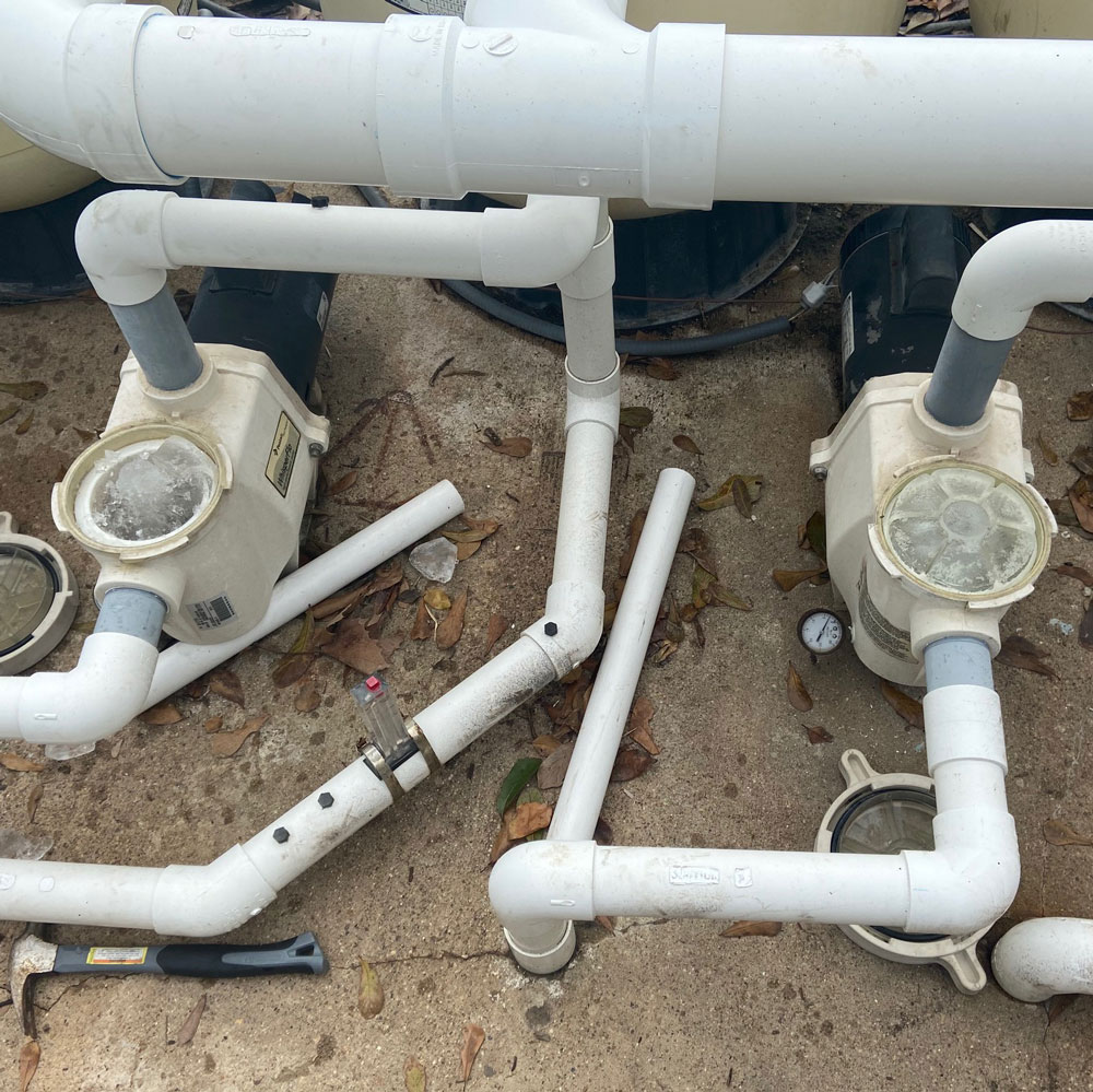 Freeze damage expands inside two swimming pool pumps